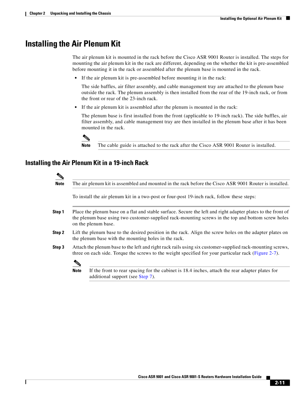 Cisco Systems ASR 9001-S manual Installing the Air Plenum Kit in a 19-inch Rack 