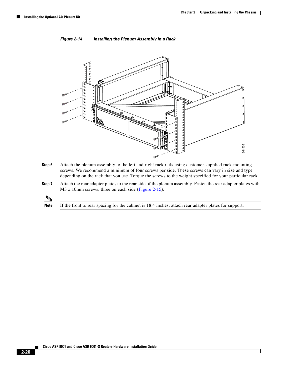 Cisco Systems ASR 9001-S manual Installing the Plenum Assembly in a Rack 