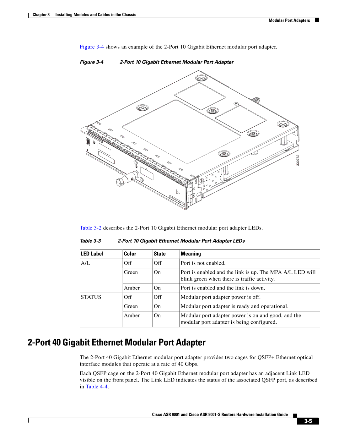 Cisco Systems ASR 9001 manual Port 40 Gigabit Ethernet Modular Port Adapter, Port 10 Gigabit Ethernet Modular Port Adapter 