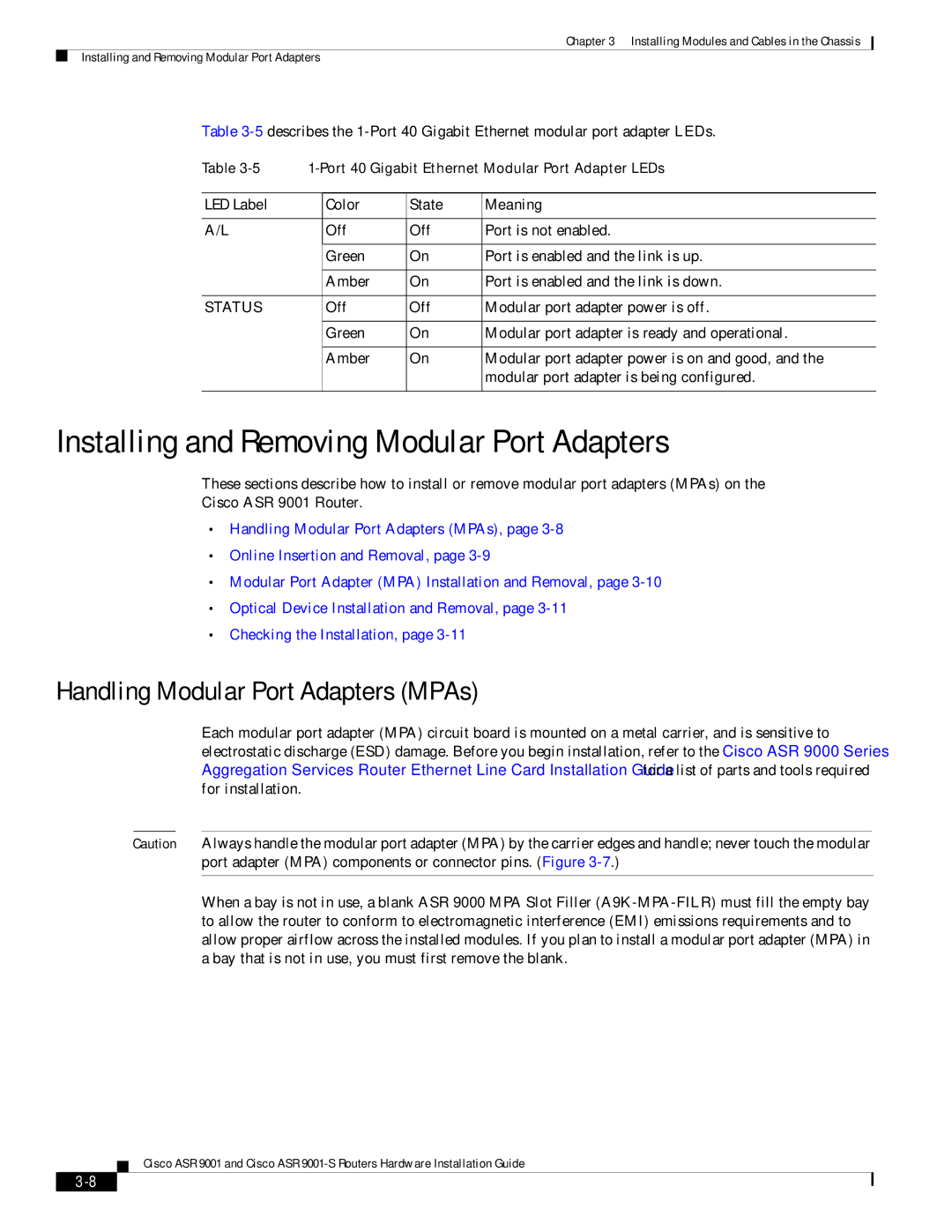 Cisco Systems ASR 9001-S manual Installing and Removing Modular Port Adapters, Handling Modular Port Adapters MPAs 