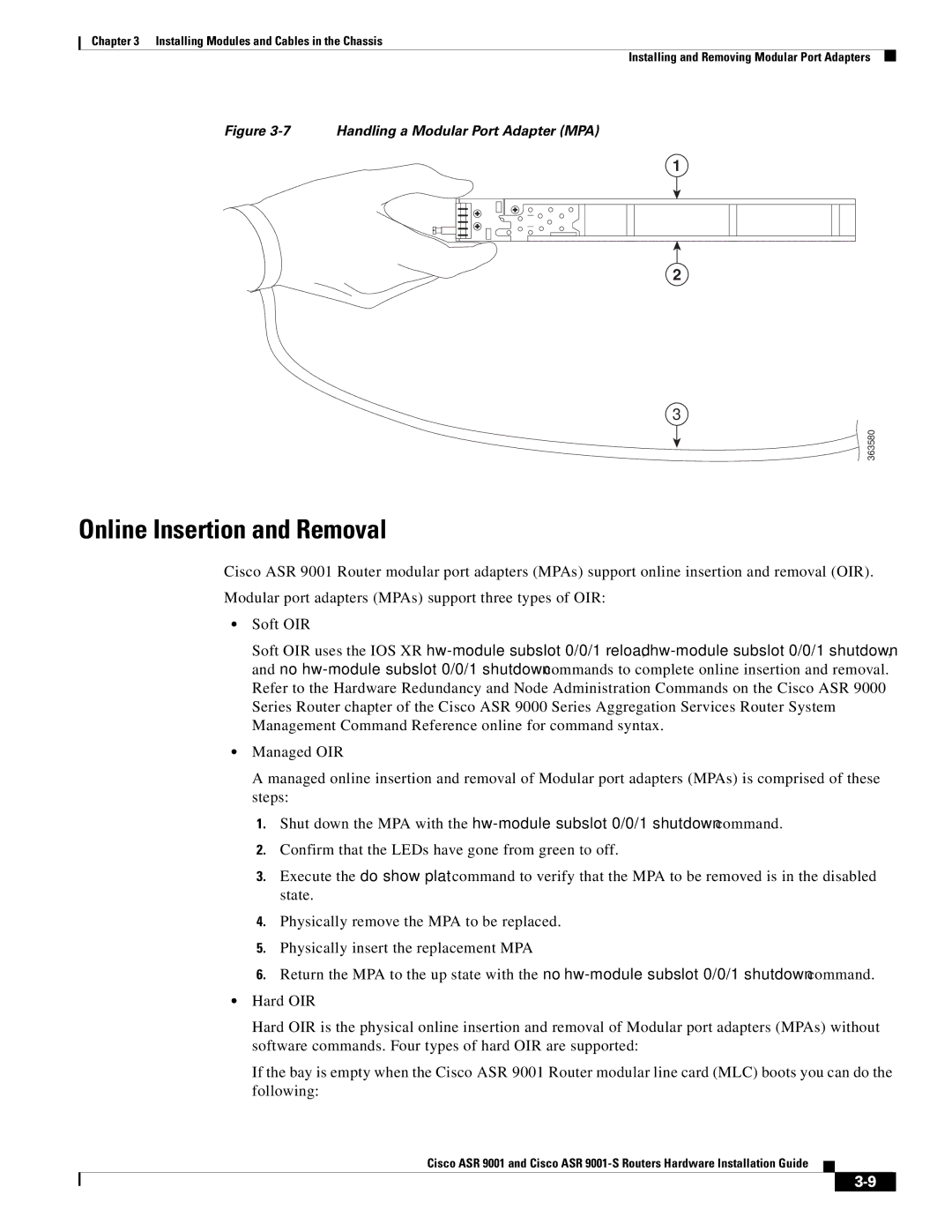 Cisco Systems ASR 9001-S manual Online Insertion and Removal, Handling a Modular Port Adapter MPA 