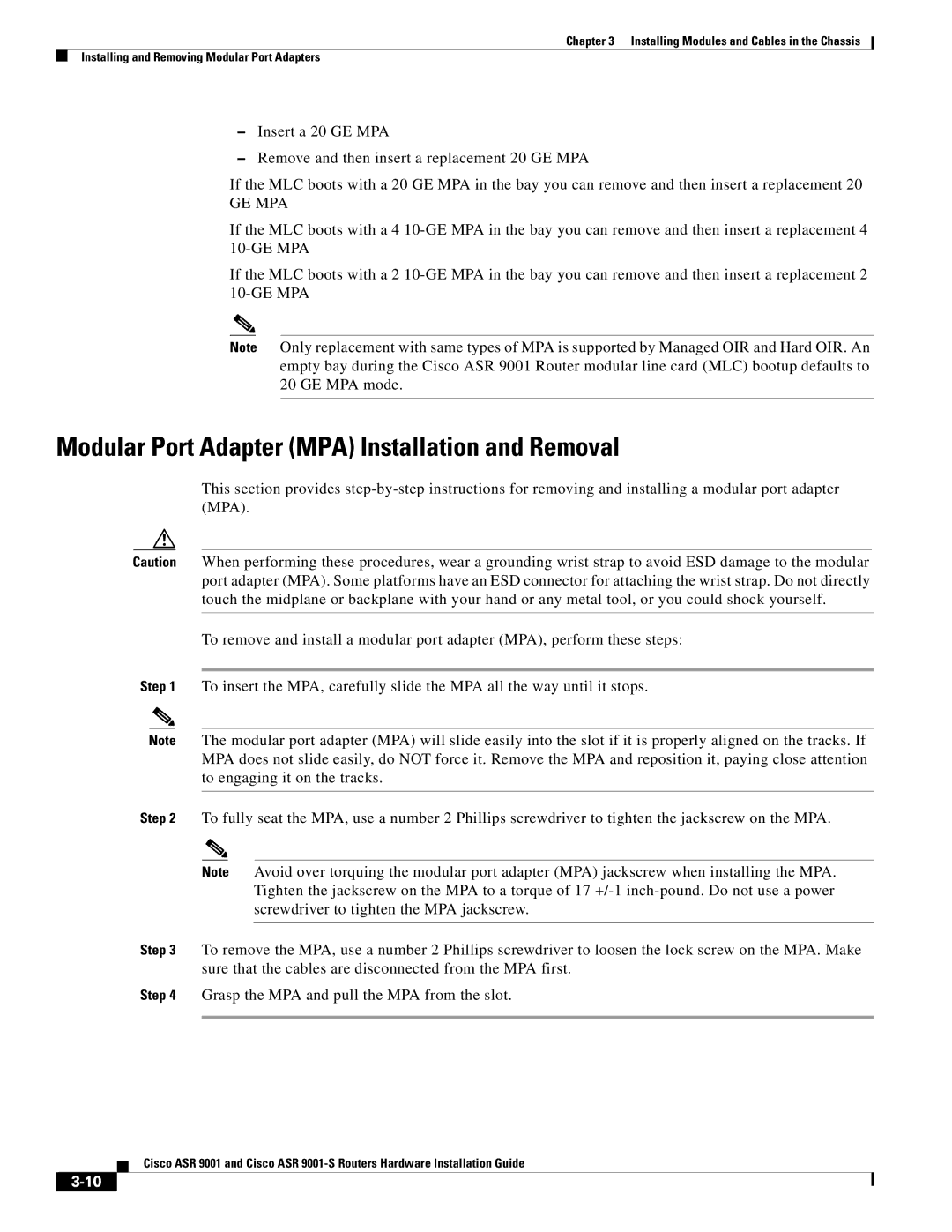 Cisco Systems ASR 9001-S manual Modular Port Adapter MPA Installation and Removal, Ge Mpa 