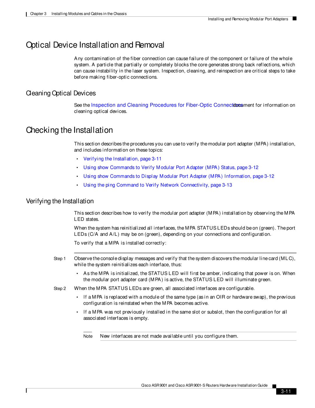 Cisco Systems ASR 9001 manual Optical Device Installation and Removal, Checking the Installation, Cleaning Optical Devices 
