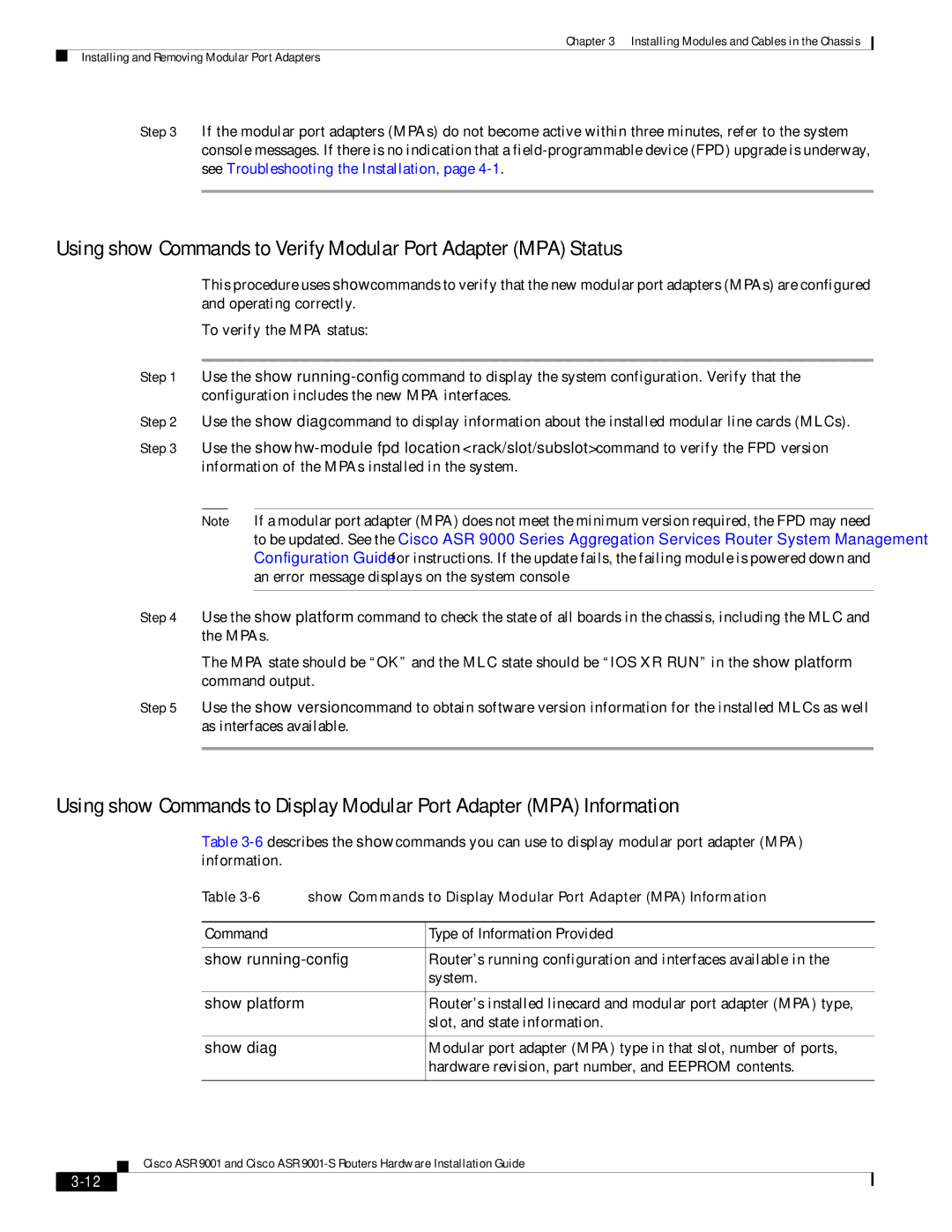 Cisco Systems ASR 9001-S manual Command Type of Information Provided, Show diag 