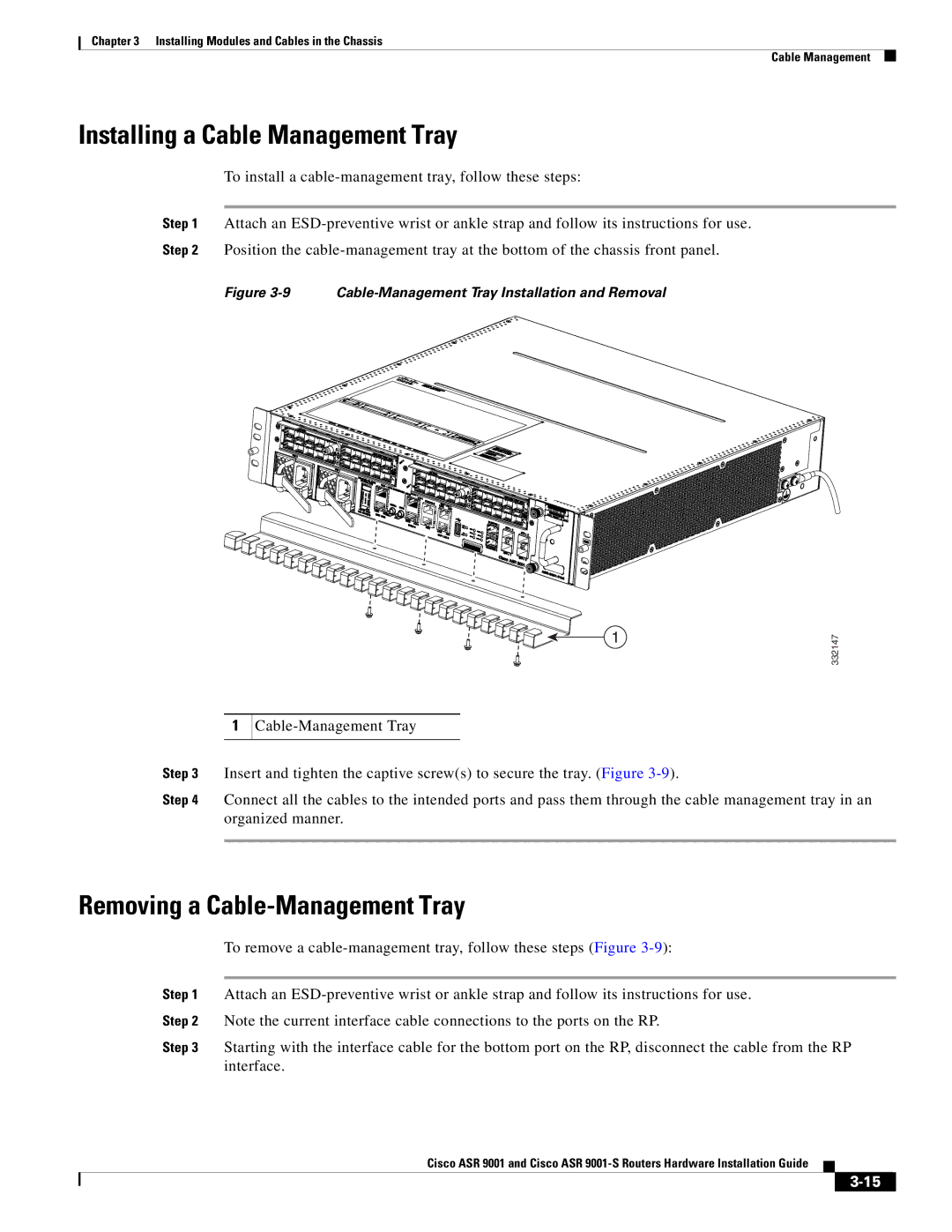 Cisco Systems ASR 9001-S manual Installing a Cable Management Tray, Removing a Cable-Management Tray 