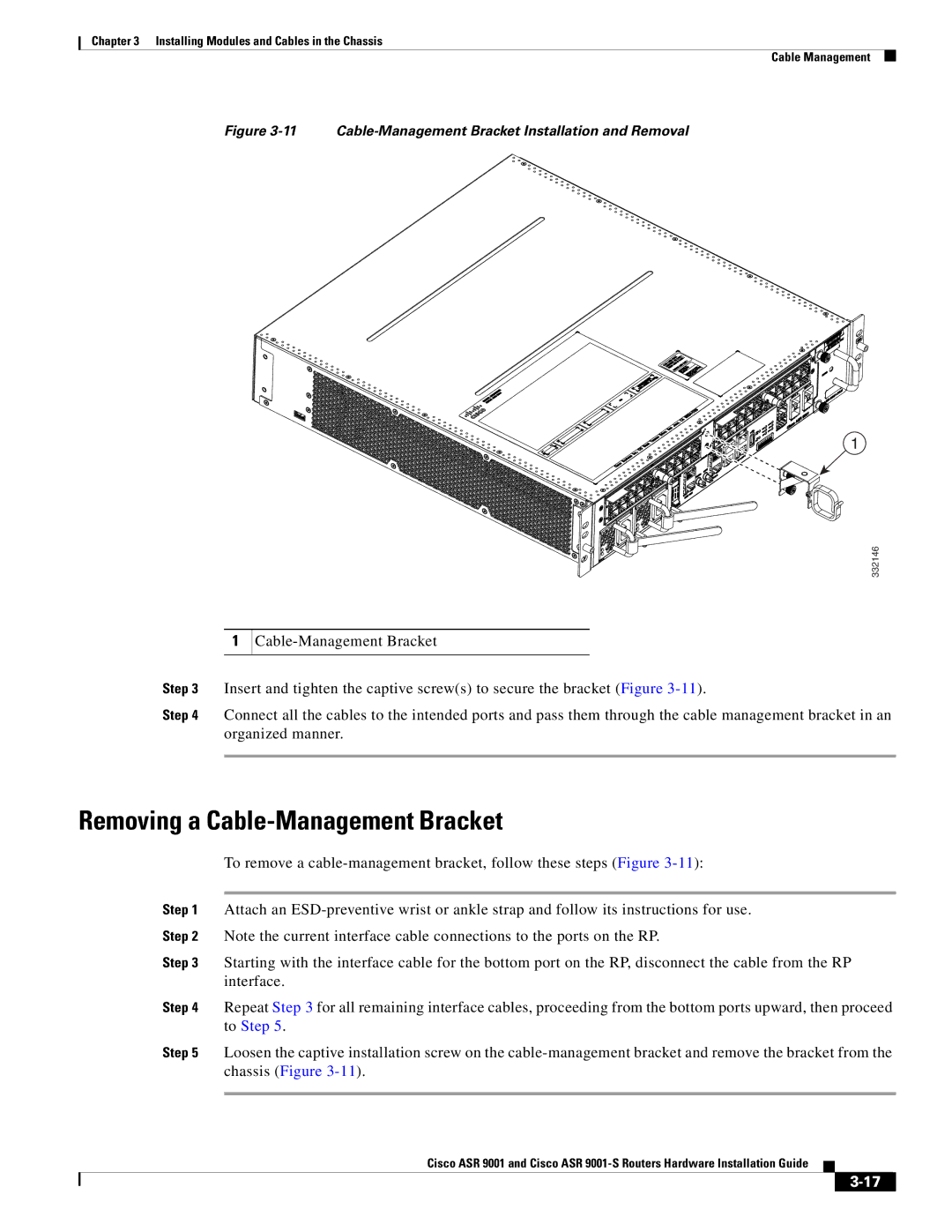 Cisco Systems ASR 9001-S manual Removing a Cable-Management Bracket, Cable-Management Bracket Installation and Removal 