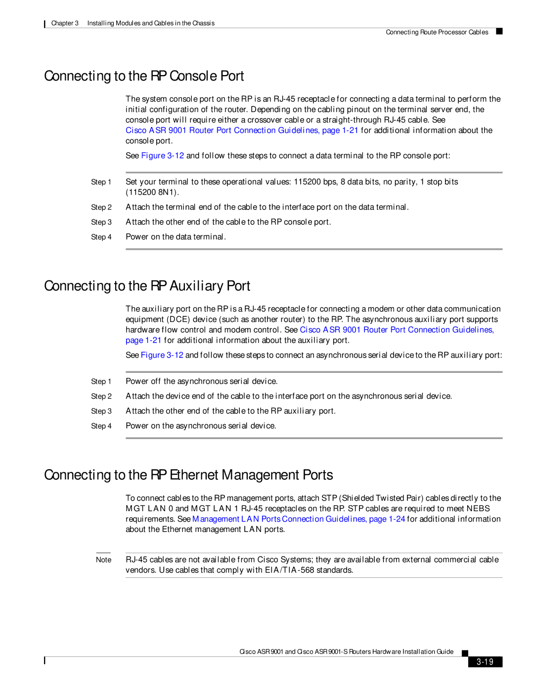 Cisco Systems ASR 9001-S manual Connecting to the RP Console Port, Connecting to the RP Auxiliary Port 