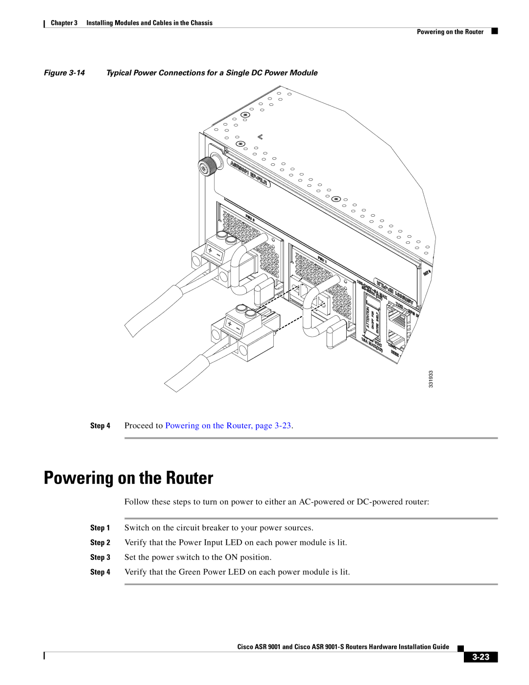 Cisco Systems ASR 9001-S manual Powering on the Router, Typical Power Connections for a Single DC Power Module 