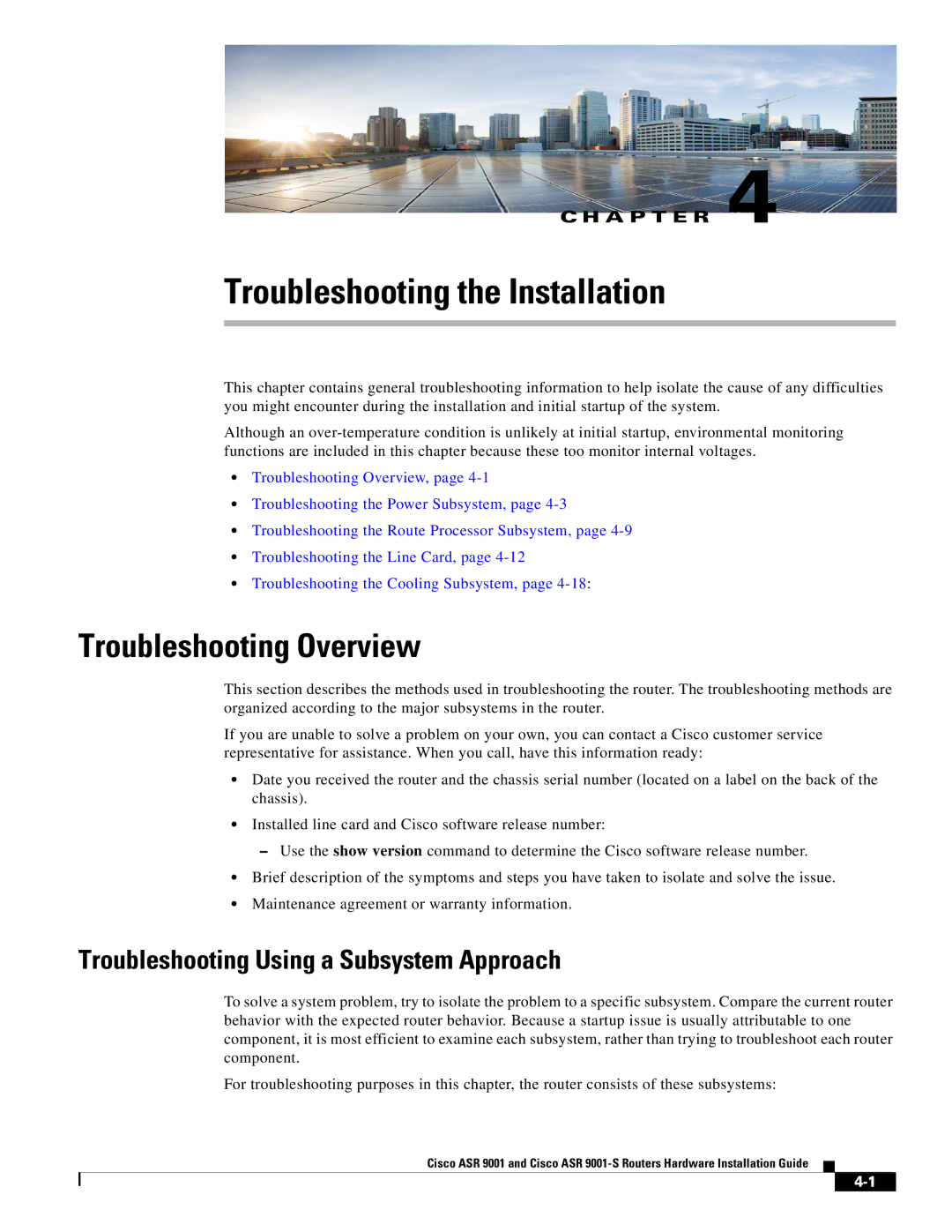 Cisco Systems ASR 9001-S manual Troubleshooting Overview, Troubleshooting Using a Subsystem Approach 