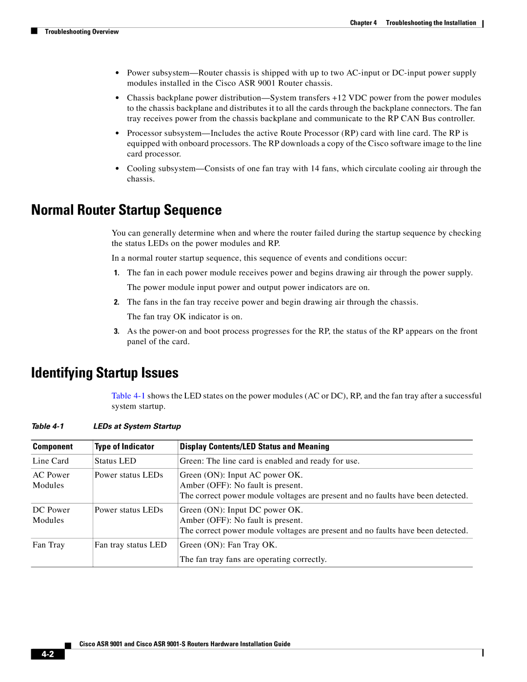 Cisco Systems ASR 9001-S manual Normal Router Startup Sequence, Identifying Startup Issues 