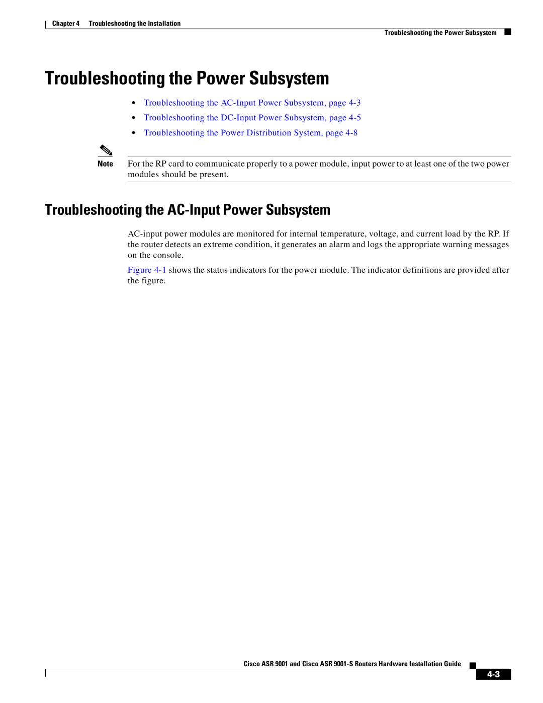 Cisco Systems ASR 9001-S manual Troubleshooting the Power Subsystem, Troubleshooting the AC-Input Power Subsystem 