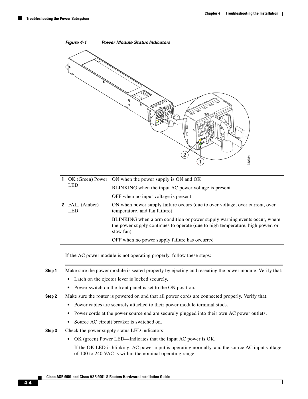 Cisco Systems ASR 9001-S manual Led, Power Module Status Indicators 