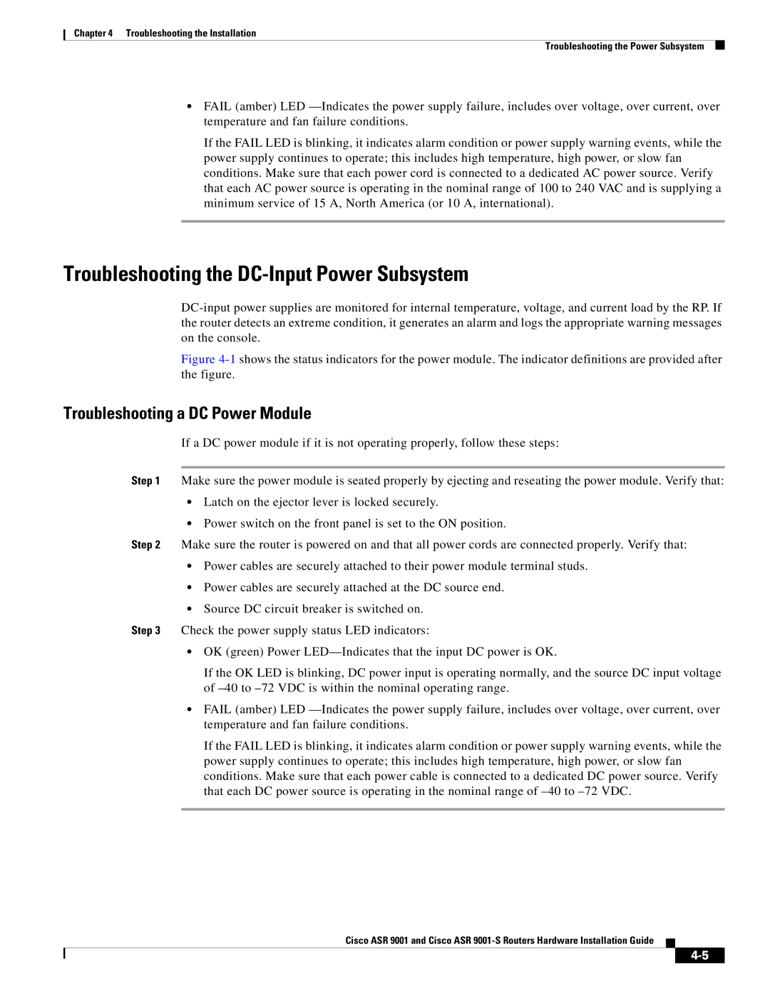 Cisco Systems ASR 9001-S manual Troubleshooting the DC-Input Power Subsystem, Troubleshooting a DC Power Module 