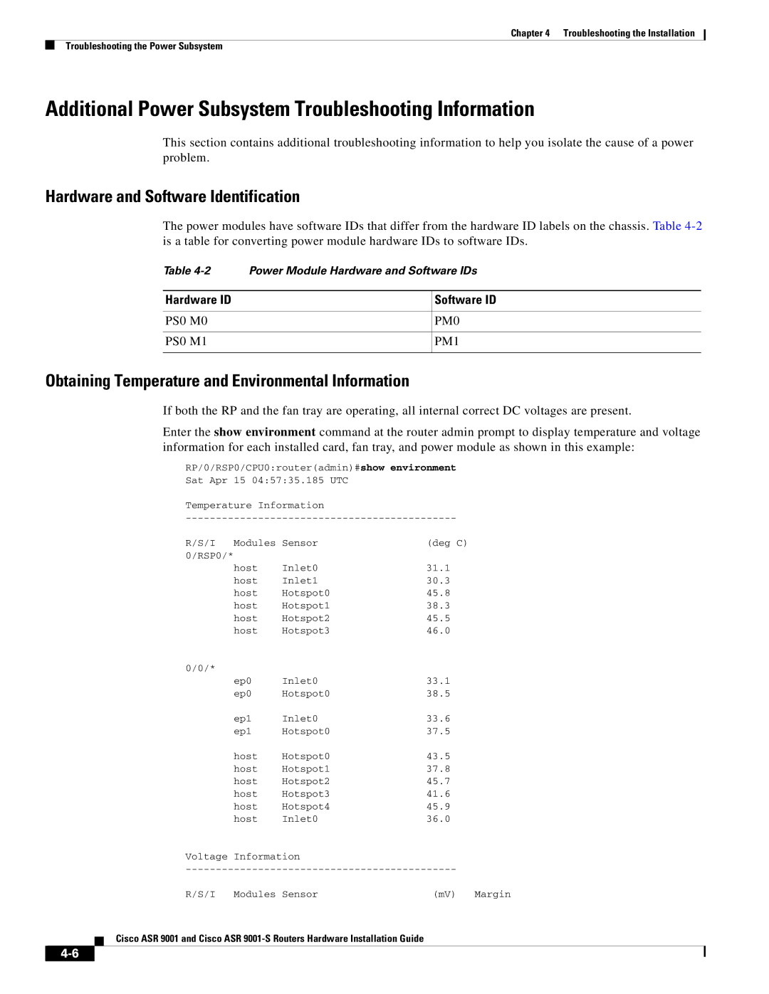 Cisco Systems ASR 9001-S Additional Power Subsystem Troubleshooting Information, Hardware and Software Identification 