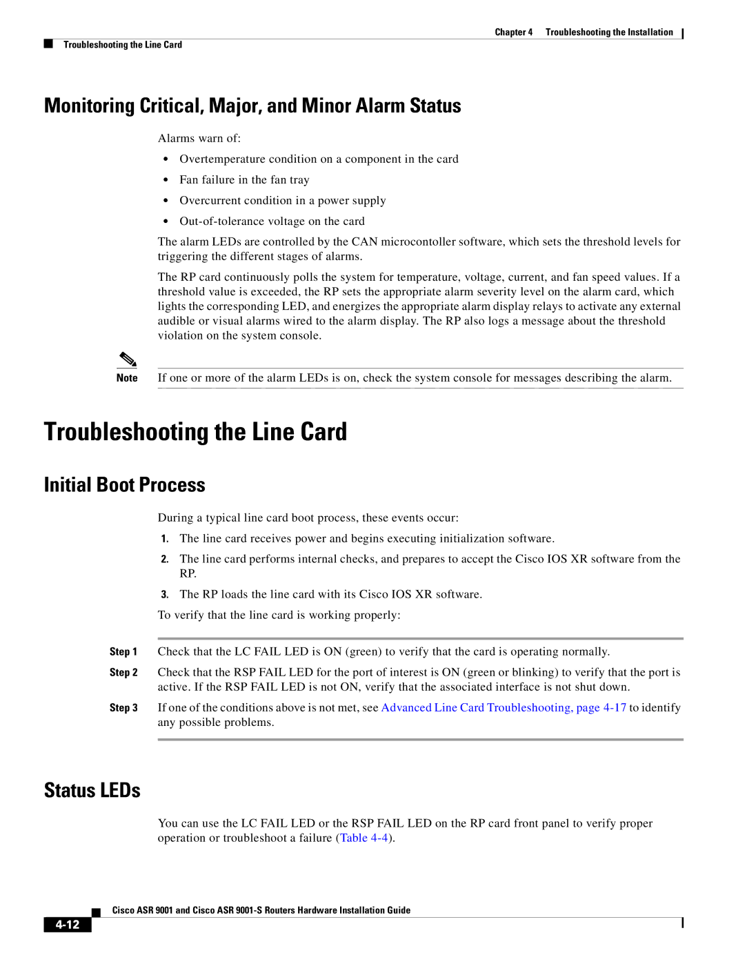 Cisco Systems ASR 9001-S Troubleshooting the Line Card, Monitoring Critical, Major, and Minor Alarm Status, Status LEDs 