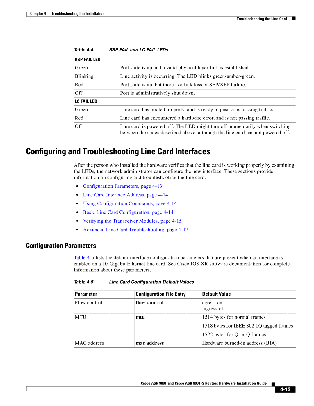 Cisco Systems ASR 9001-S manual Configuring and Troubleshooting Line Card Interfaces, Configuration Parameters, Mtu 