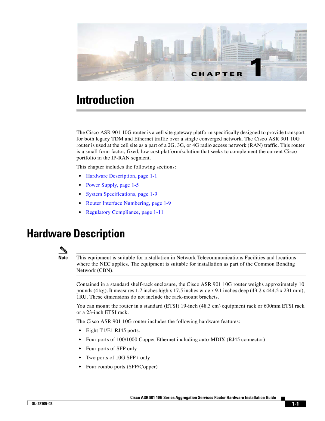 Cisco Systems ASR 901 10G manual Introduction, Hardware Description 