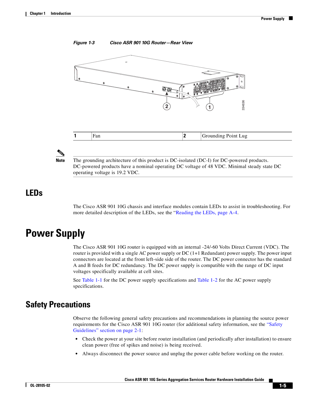 Cisco Systems ASR 901 10G manual Power Supply, LEDs, Safety Precautions 