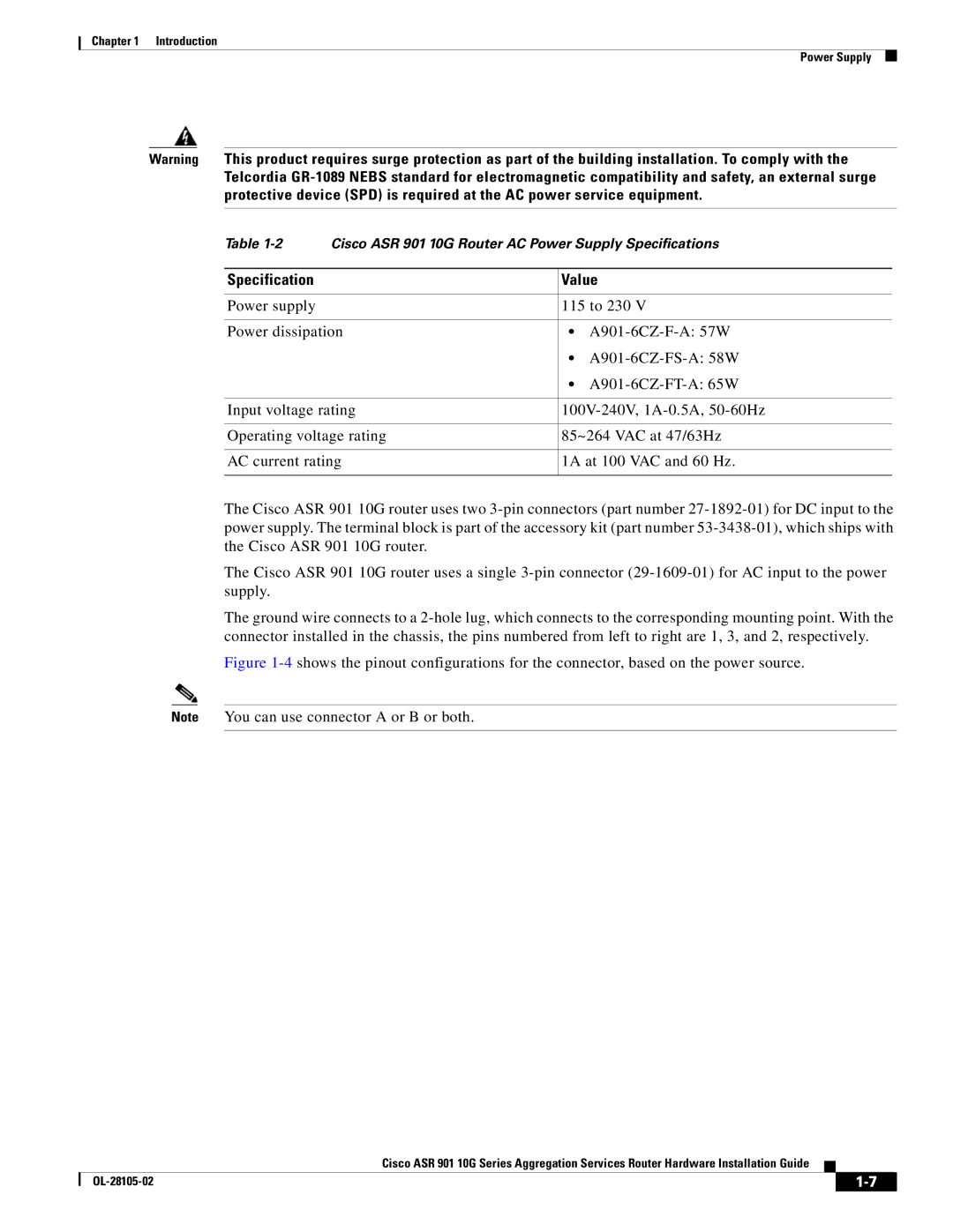 Cisco Systems manual Cisco ASR 901 10G Router AC Power Supply Specifications 