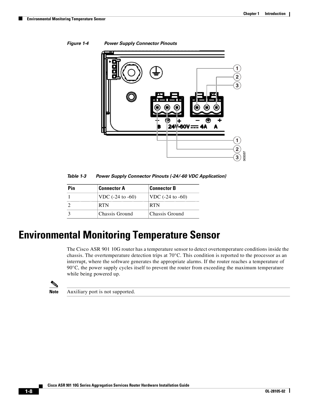 Cisco Systems ASR 901 10G manual Environmental Monitoring Temperature Sensor, Pin Connector a Connector B 