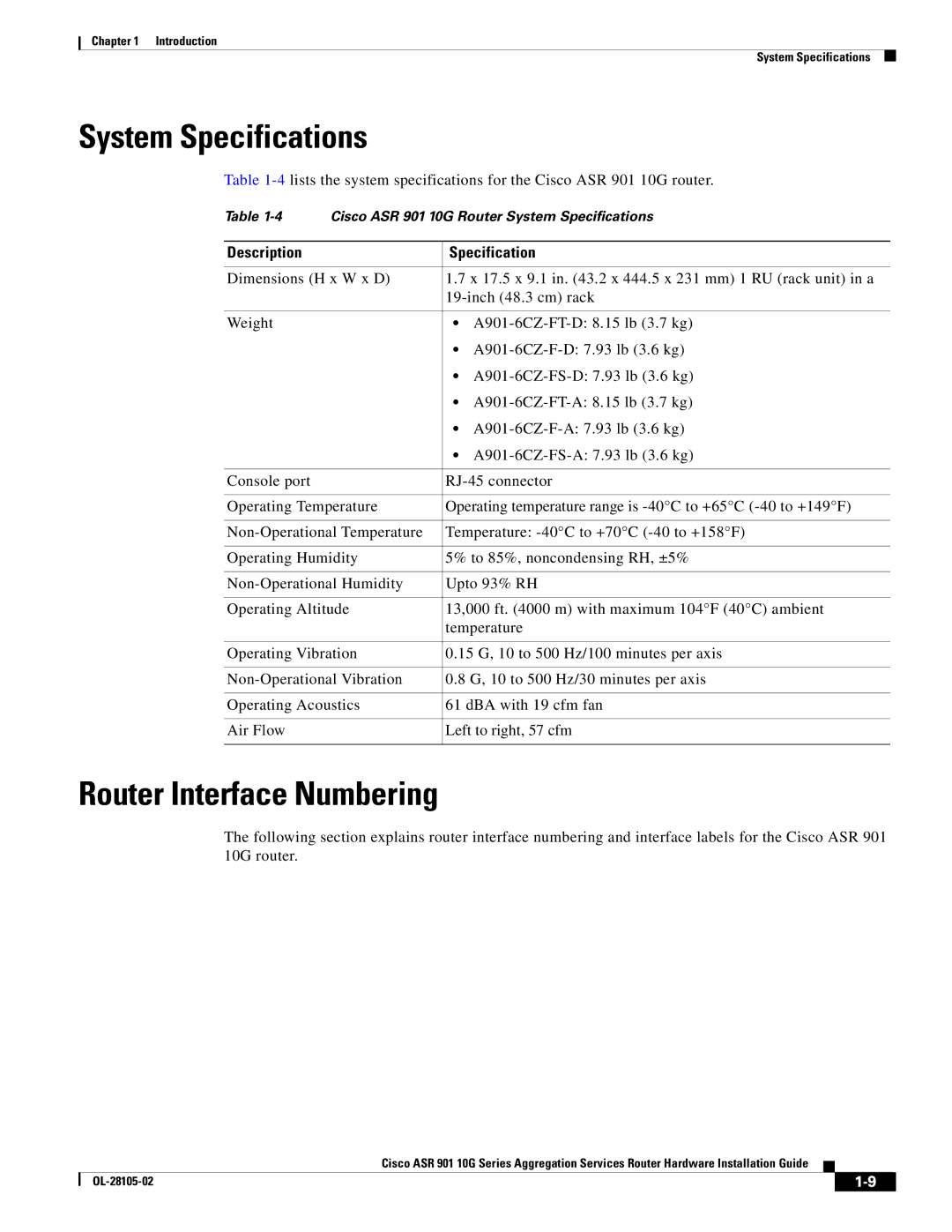 Cisco Systems ASR 901 10G manual System Specifications, Router Interface Numbering, Description Specification 