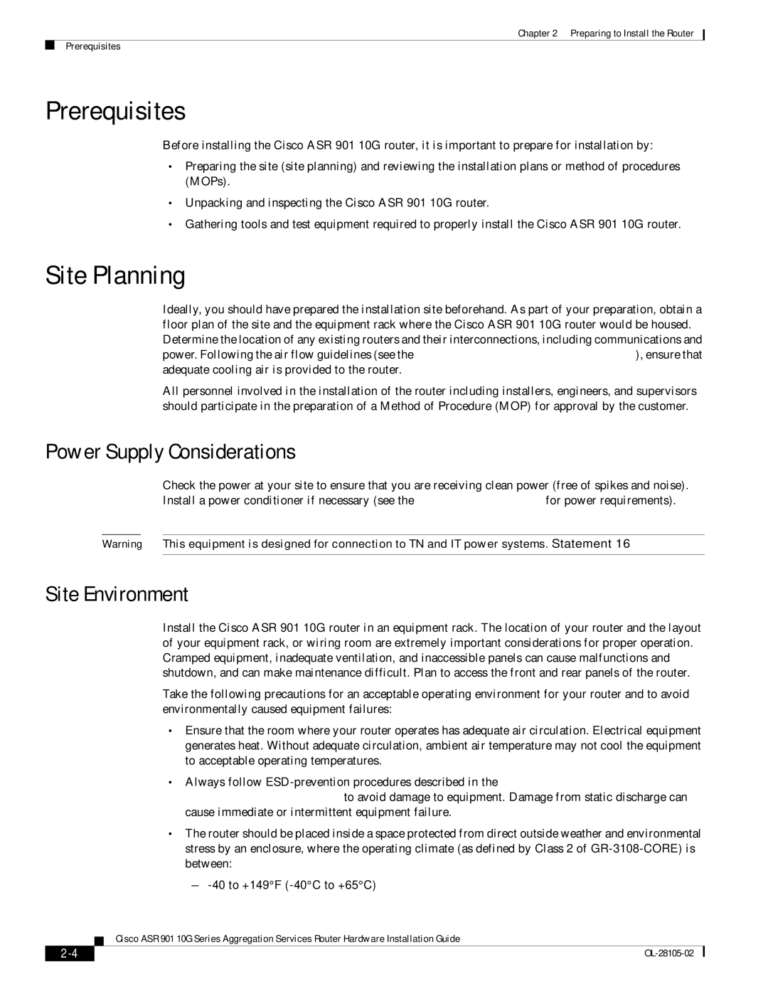 Cisco Systems ASR 901 10G manual Prerequisites, Site Planning, Power Supply Considerations, Site Environment 