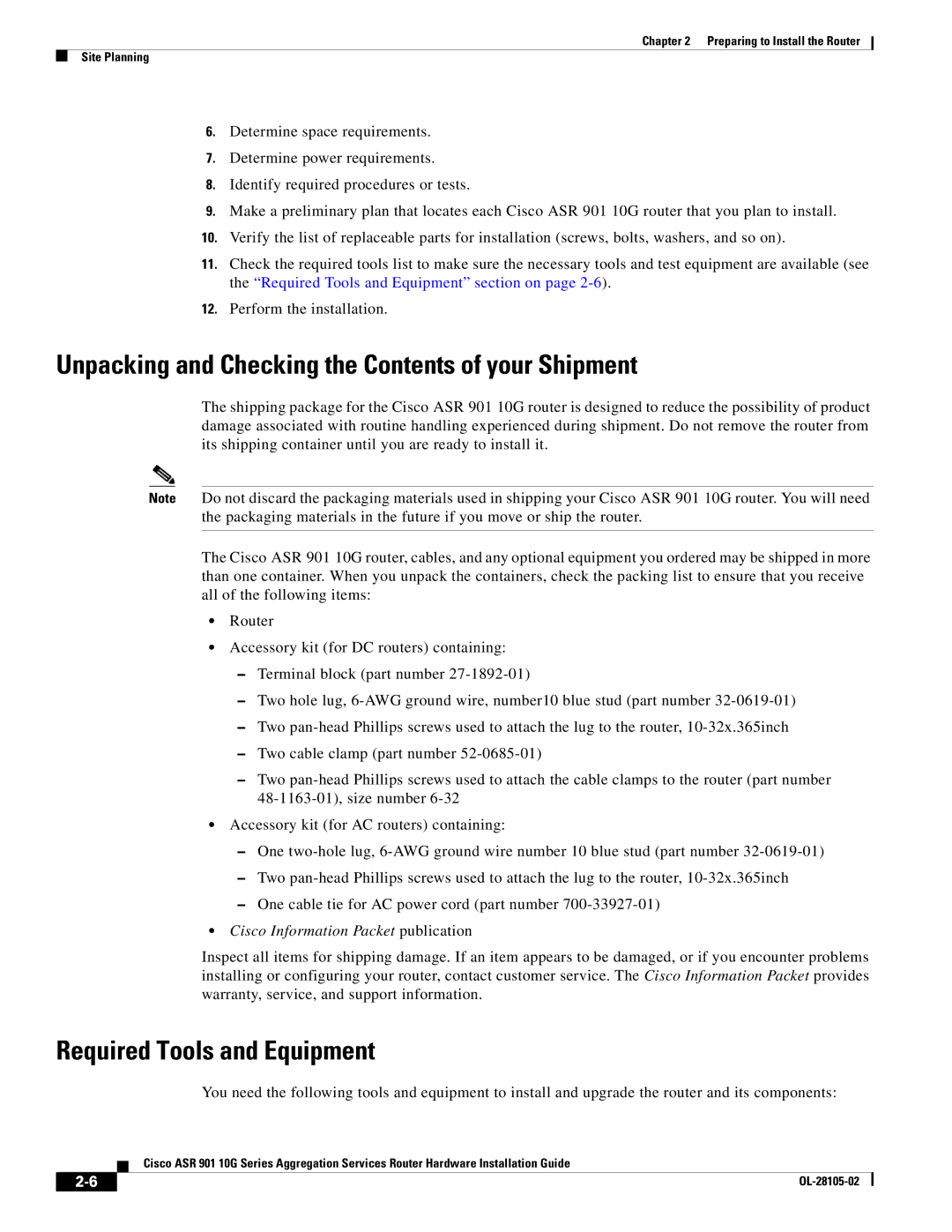 Cisco Systems ASR 901 10G manual Unpacking and Checking the Contents of your Shipment, Required Tools and Equipment 