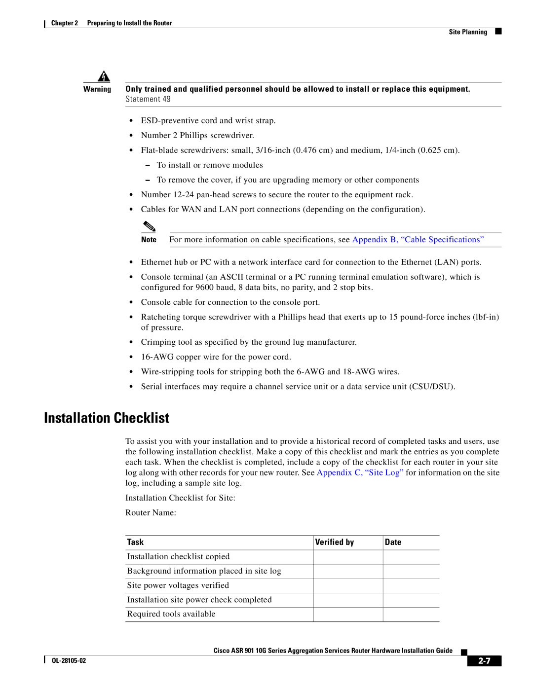 Cisco Systems ASR 901 10G manual Installation Checklist, Task Verified by 