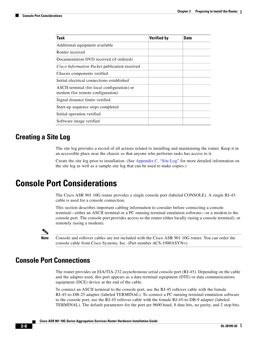 Cisco Systems ASR 901 10G manual Console Port Considerations, Creating a Site Log, Console Port Connections 