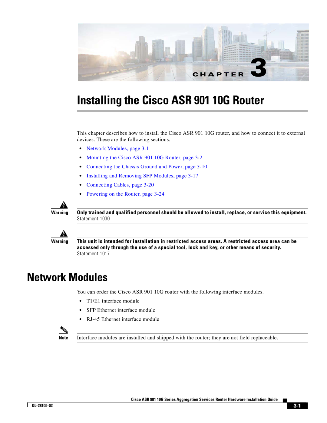 Cisco Systems manual Installing the Cisco ASR 901 10G Router, Network Modules 