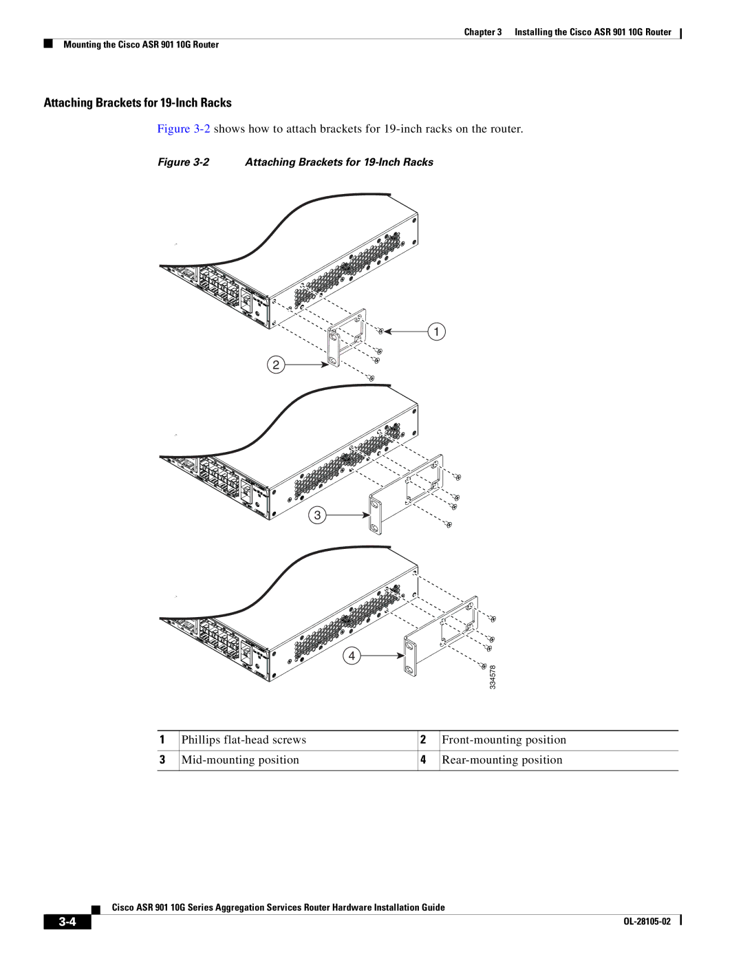 Cisco Systems ASR 901 10G manual Attaching Brackets for 19-Inch Racks 