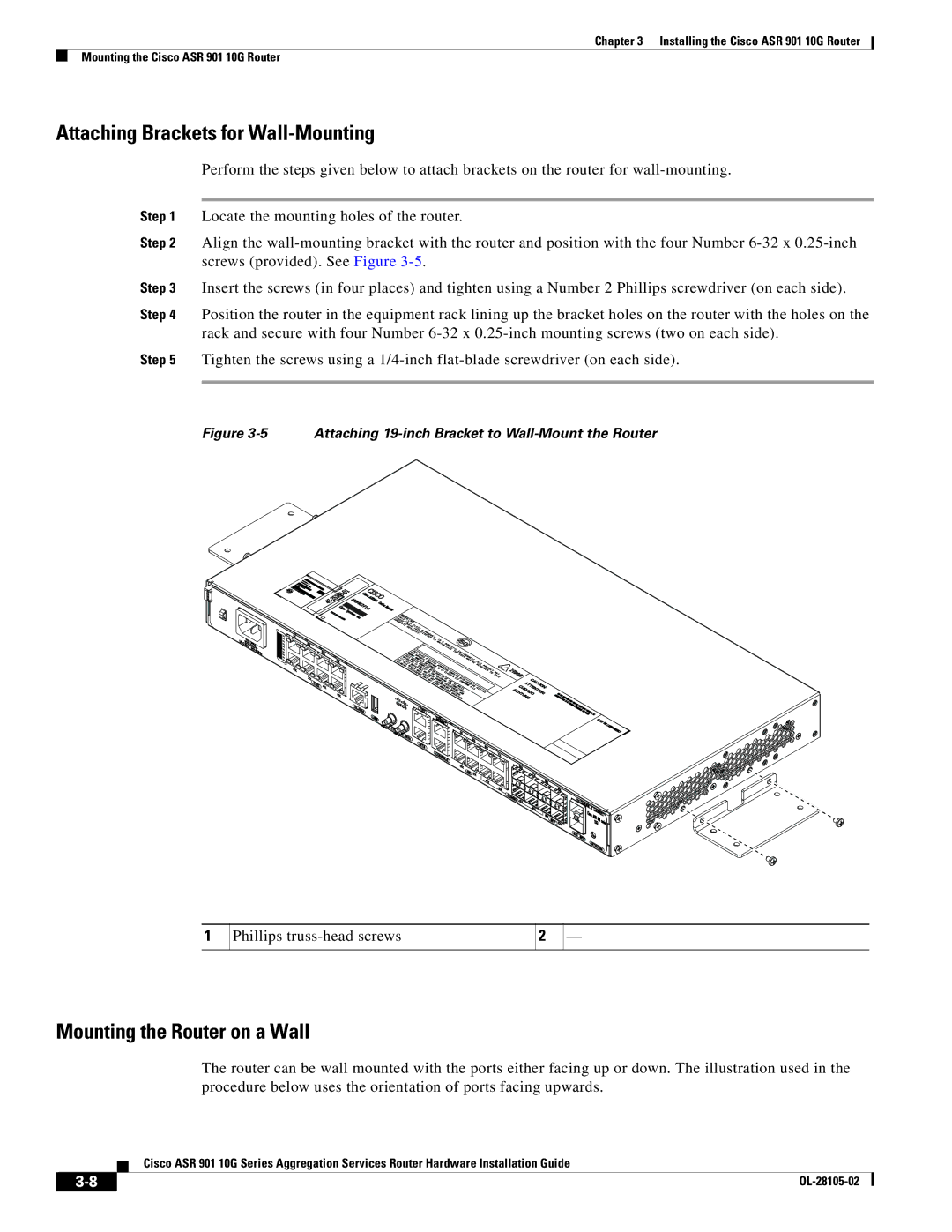 Cisco Systems ASR 901 10G manual Attaching Brackets for Wall-Mounting, Mounting the Router on a Wall 