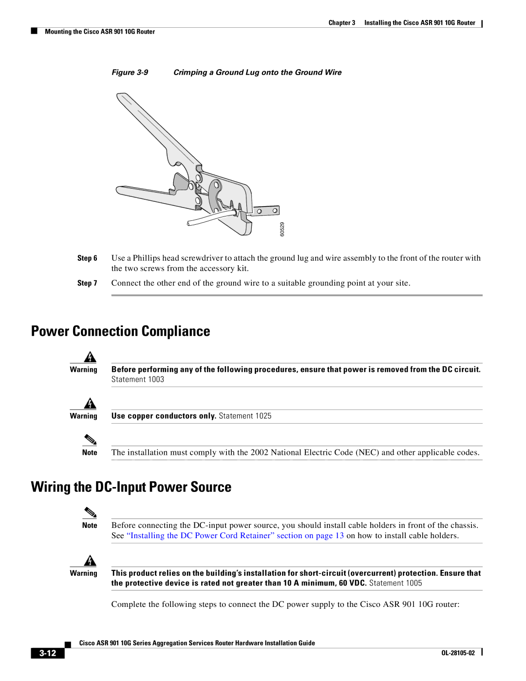 Cisco Systems ASR 901 10G manual Power Connection Compliance Wiring the DC-Input Power Source 