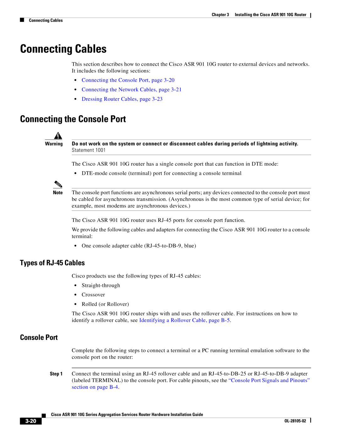 Cisco Systems ASR 901 10G manual Connecting Cables, Connecting the Console Port, Types of RJ-45 Cables 