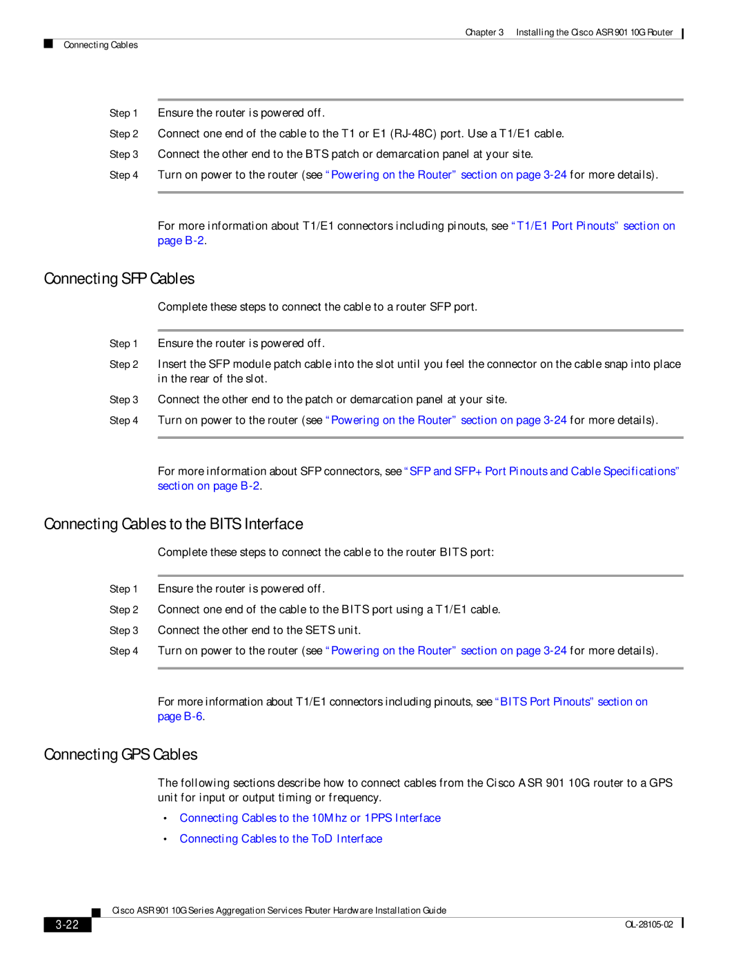 Cisco Systems ASR 901 10G manual Connecting SFP Cables, Connecting Cables to the Bits Interface, Connecting GPS Cables 