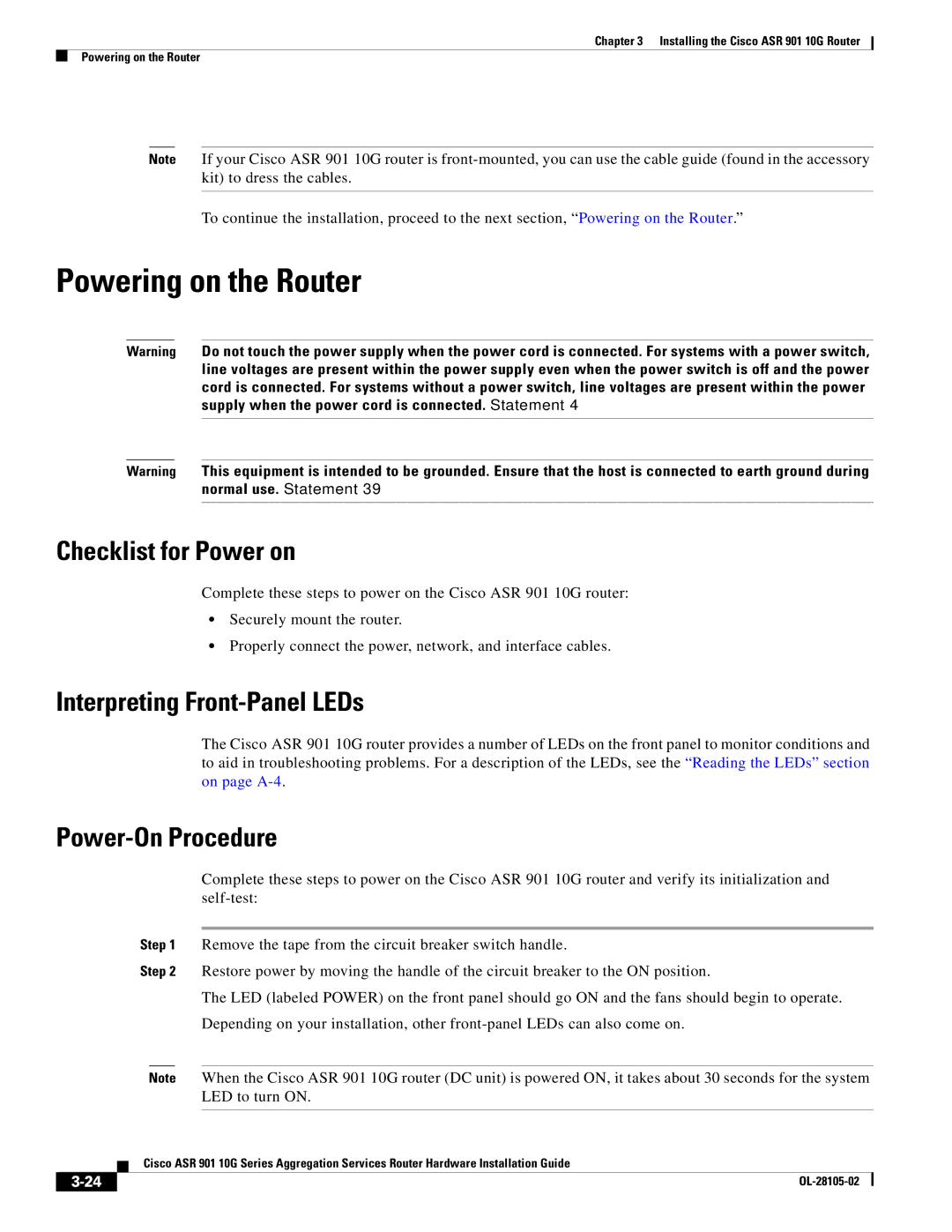 Cisco Systems ASR 901 10G manual Powering on the Router, Checklist for Power on, Interpreting Front-Panel LEDs 