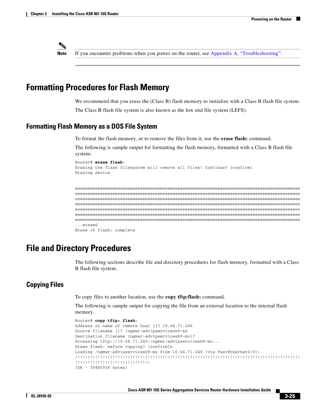 Cisco Systems ASR 901 10G manual Formatting Procedures for Flash Memory, File and Directory Procedures, Copying Files 