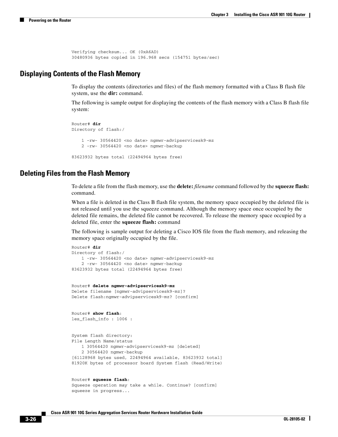 Cisco Systems ASR 901 10G manual Displaying Contents of the Flash Memory, Deleting Files from the Flash Memory 