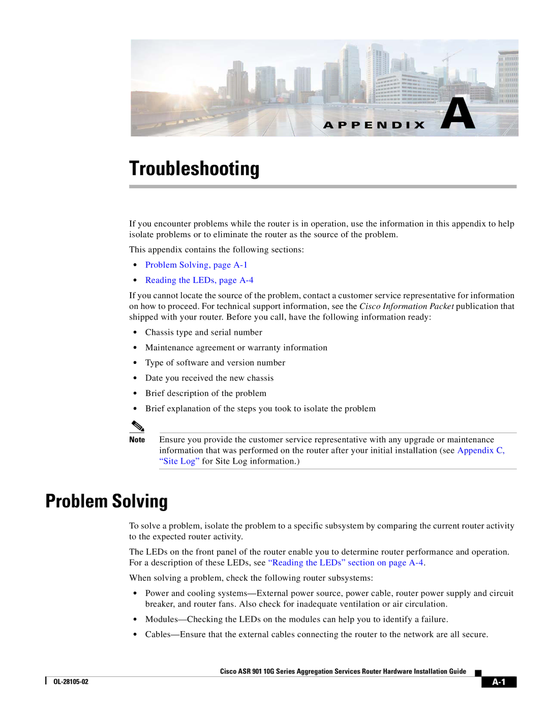 Cisco Systems ASR 901 10G manual Troubleshooting, Problem Solving 