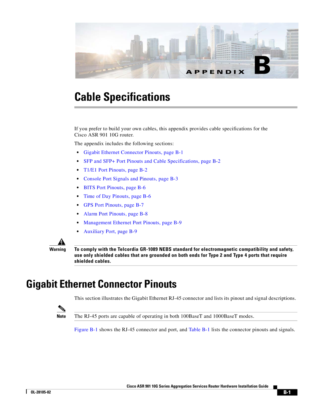 Cisco Systems ASR 901 10G manual Cable Specifications, Gigabit Ethernet Connector Pinouts 