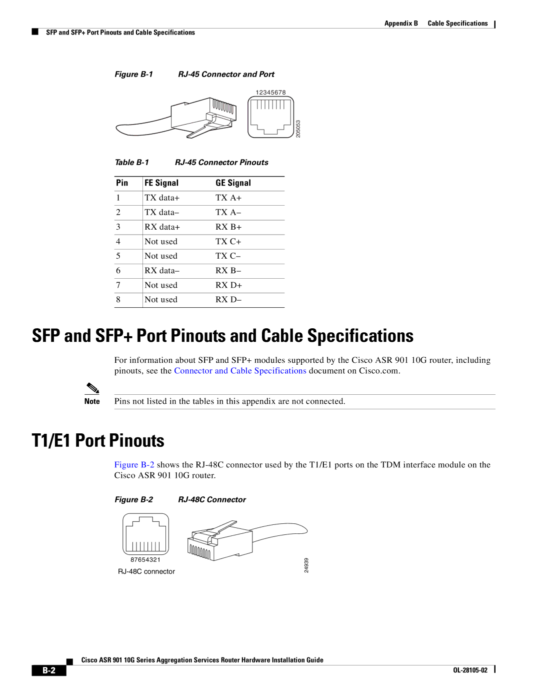 Cisco Systems ASR 901 10G SFP and SFP+ Port Pinouts and Cable Specifications, T1/E1 Port Pinouts, Pin FE Signal GE Signal 