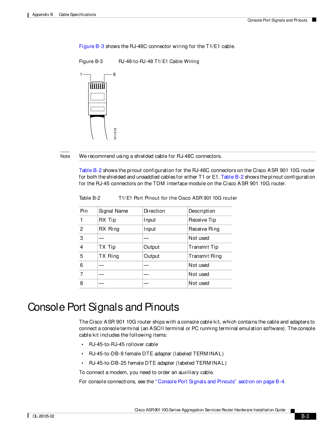 Cisco Systems ASR 901 10G manual Console Port Signals and Pinouts, Pin Signal Name Direction Description 