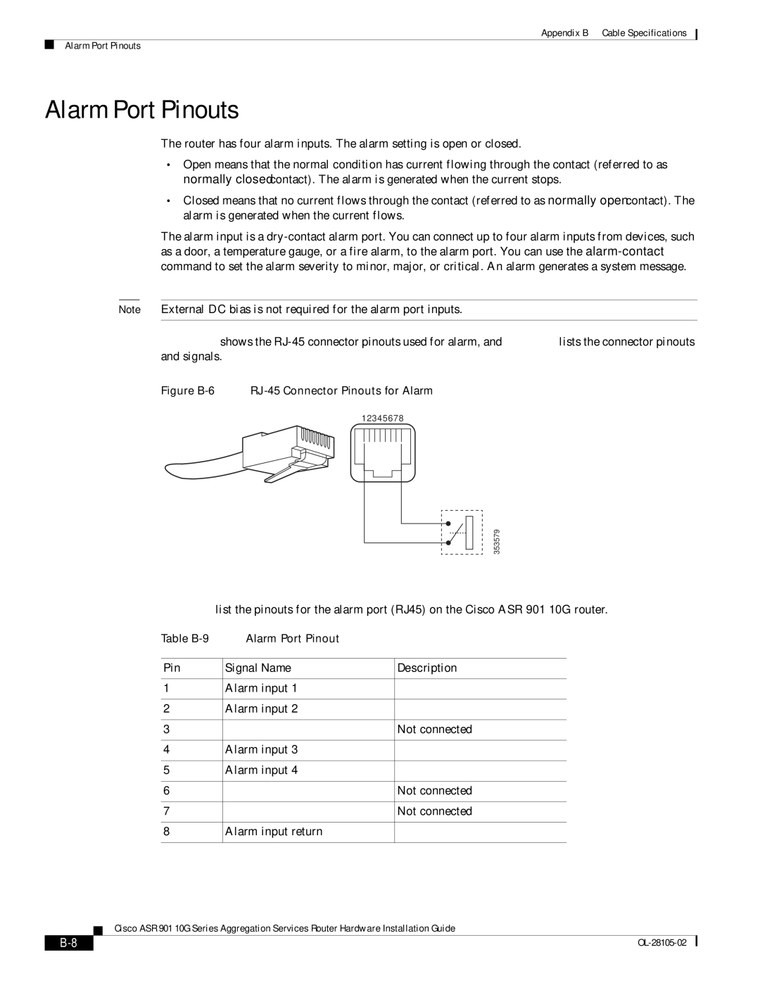 Cisco Systems ASR 901 10G manual Alarm Port Pinouts, Pin Signal Name Description 