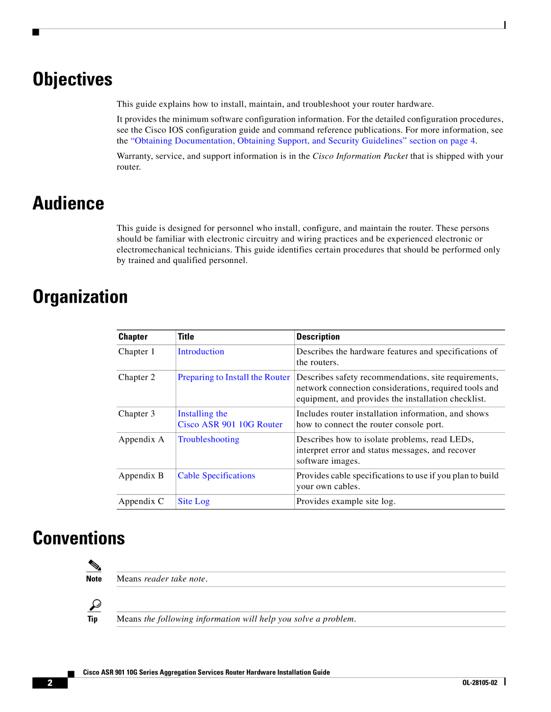 Cisco Systems ASR 901 10G manual Objectives, Audience, Organization, Conventions, Chapter Title Description 