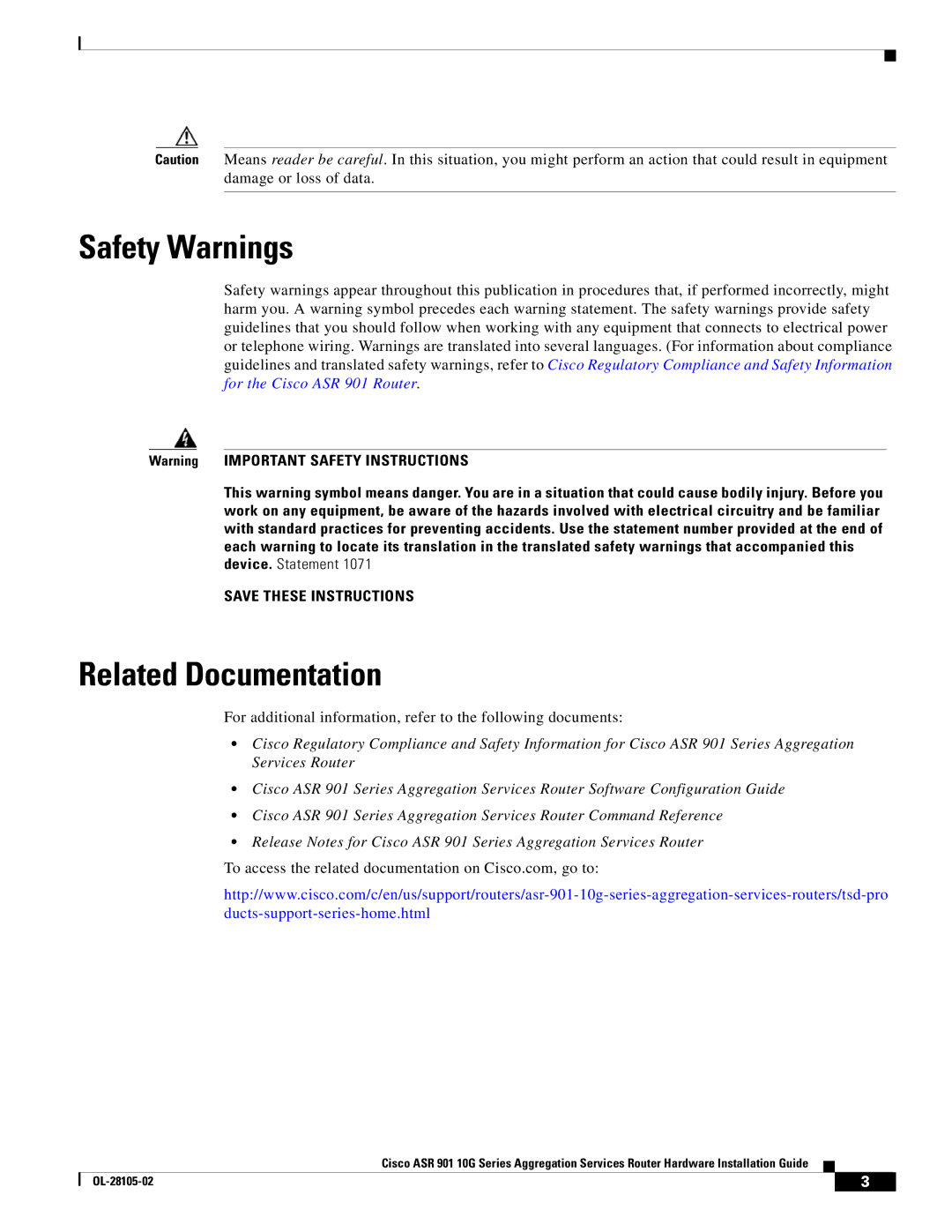 Cisco Systems ASR 901 10G manual Safety Warnings, Related Documentation 