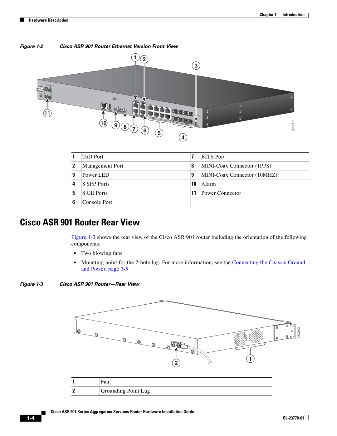 Cisco Systems manual Cisco ASR 901 Router Rear View, Fan Grounding Point Lug 