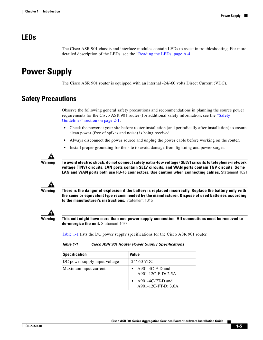 Cisco Systems ASR 901 manual Power Supply, LEDs, Safety Precautions, Specification Value 