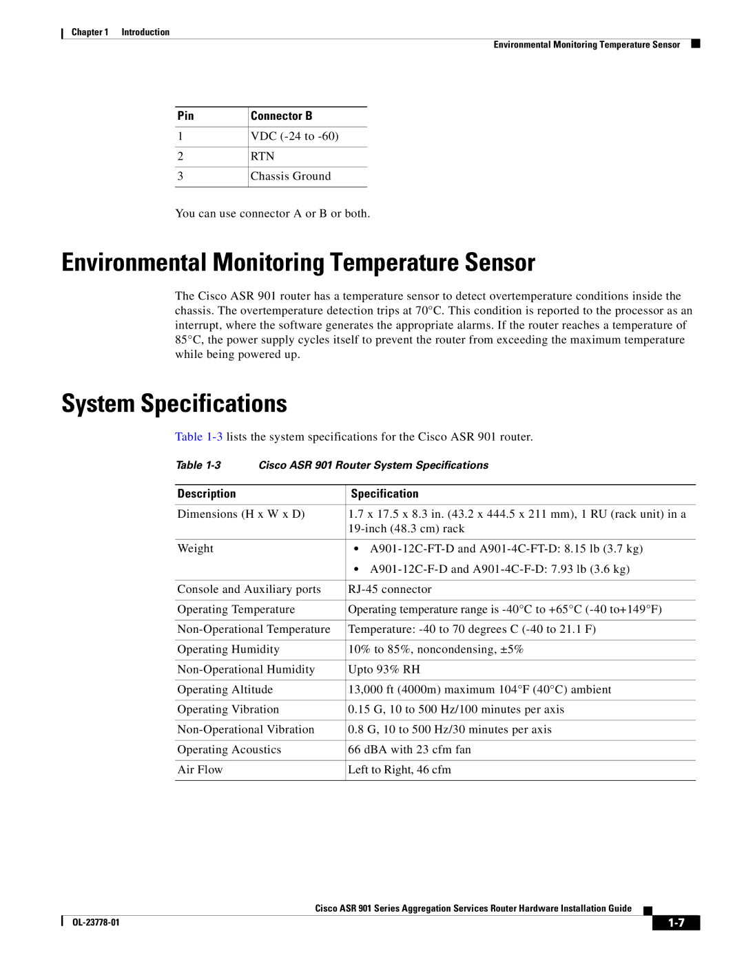 Cisco Systems ASR 901 manual Environmental Monitoring Temperature Sensor, System Specifications, Pin Connector B 