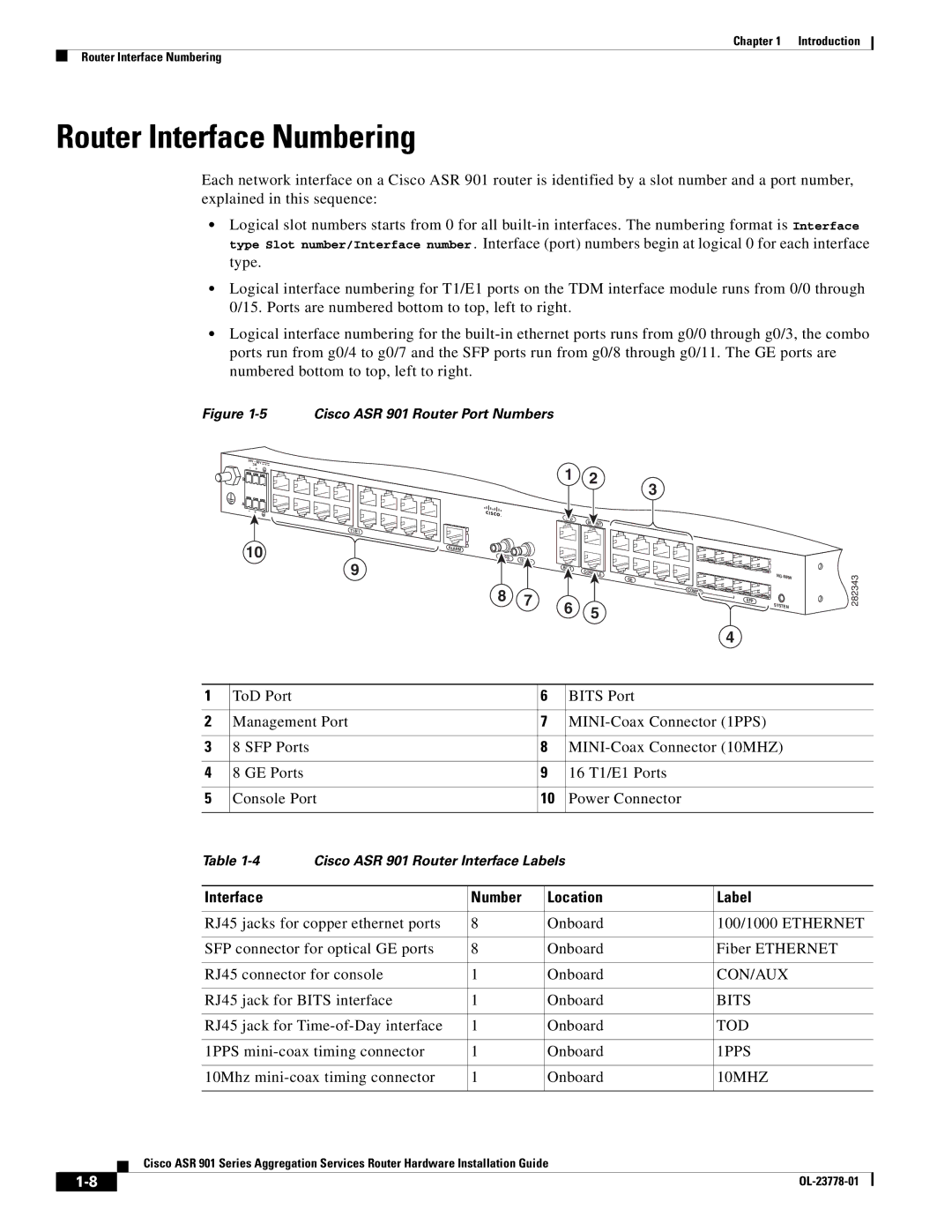 Cisco Systems ASR 901 manual Router Interface Numbering, Interface Number Location Label 