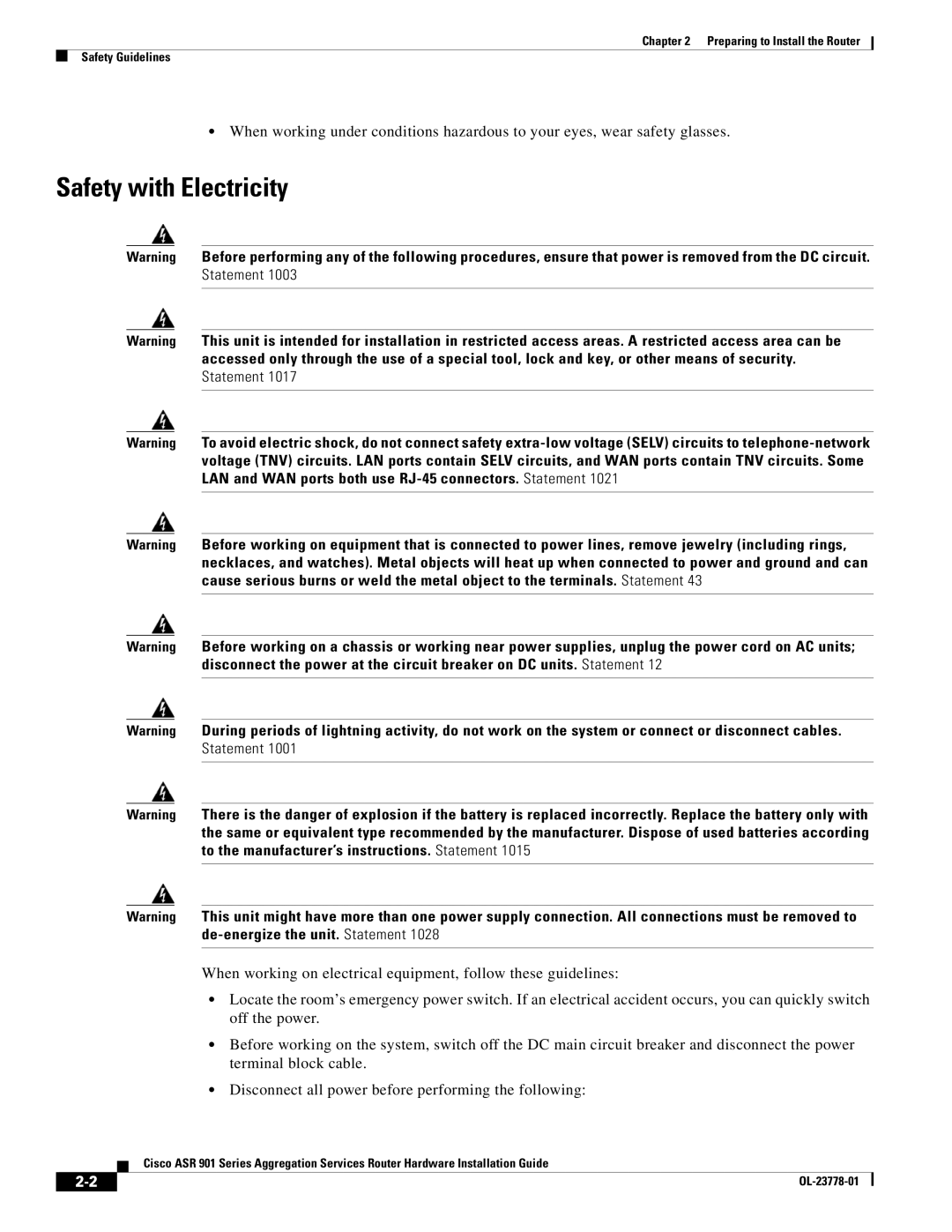 Cisco Systems ASR 901 manual Safety with Electricity 